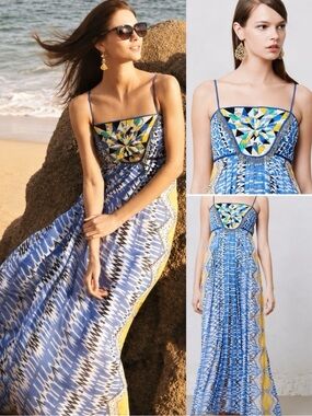 Anthropologie Blue and Yellow Printed Maxi Dress